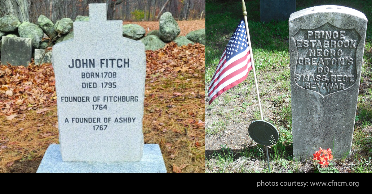 Graves of John Fitch and Prince Estabrook in Ashby, MA.